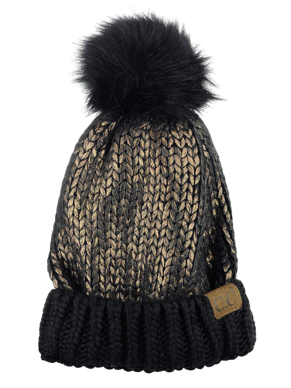 5565 Faux Fur Pom Shiny Metallic Finished Knit Beanie Hat-Black/Gun